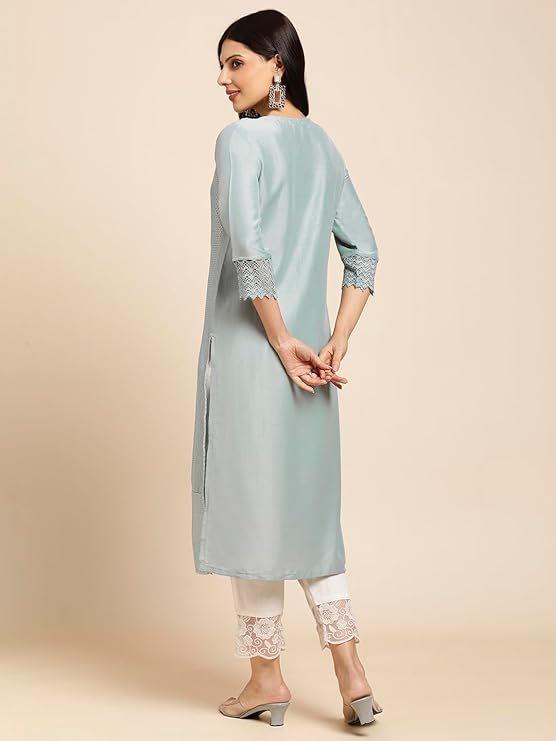 Women's Art Silk Straight Lucknowi Chikankari Ethnic Wear Festive Kurta