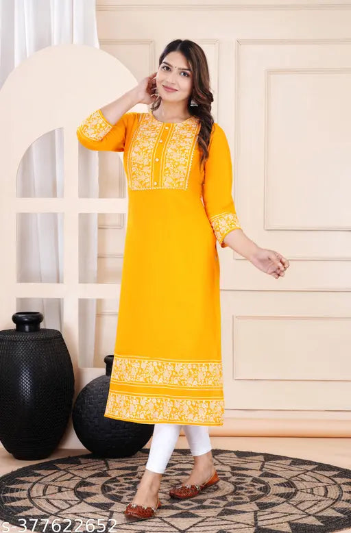 Women Rayon Ethnic Wear for Casual and Festive Occasions Gold Printed Straight Fit Kurti(Black) |Ethnic Kurti for Women|Kurtis & Kurtas |Simple & Party Wear Kurti|