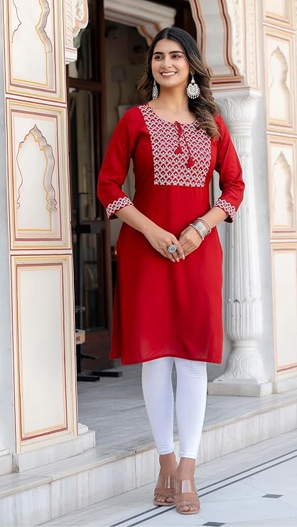 Women Ladies Rayon Embroidery Casual Straight Long Kurta Kurti
