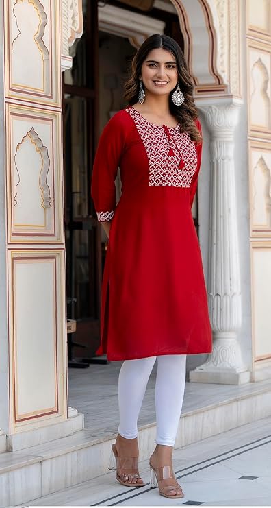 Women Ladies Rayon Embroidery Casual Straight Long Kurta Kurti