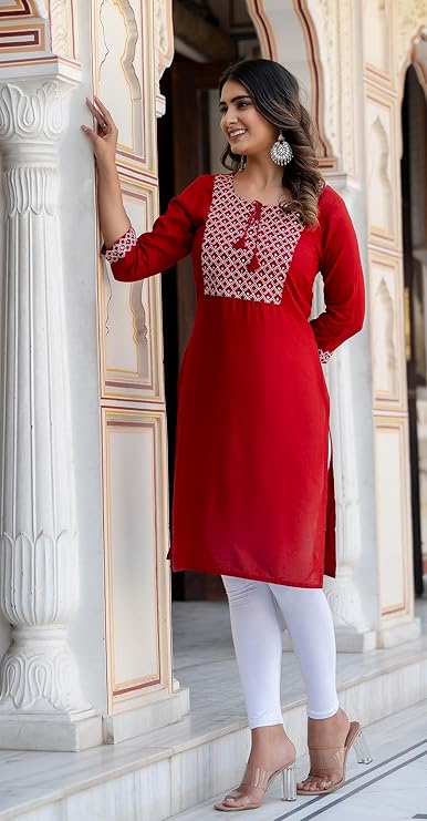 Women Ladies Rayon Embroidery Casual Straight Long Kurta Kurti