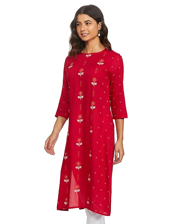Women's Rayon Straight Fit Straight Printed Three-Quarter Sleeves Kurta