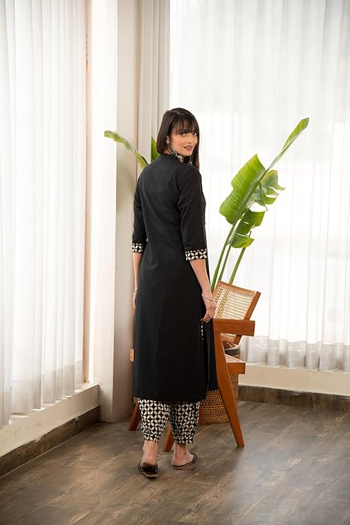 Women's 3/4 Sleeve Solid Black Color Kurti Pant Set, Cotton Blend, Knee Length, Stylish Ethnic Outfit, Office, and Casual Occasions