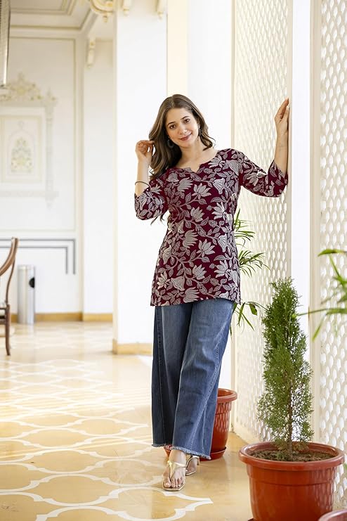 Women Floral Printed Rayon Short Kurta || Short Kurti For Women