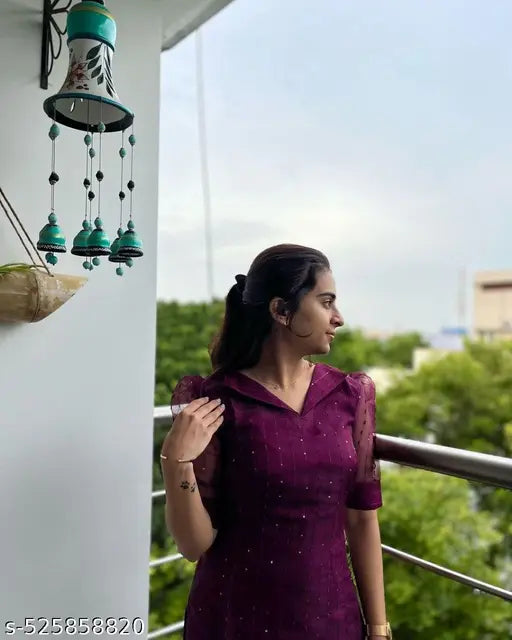 Wine Sequencce Collar Kurti – Organza Elegance in Every Thread