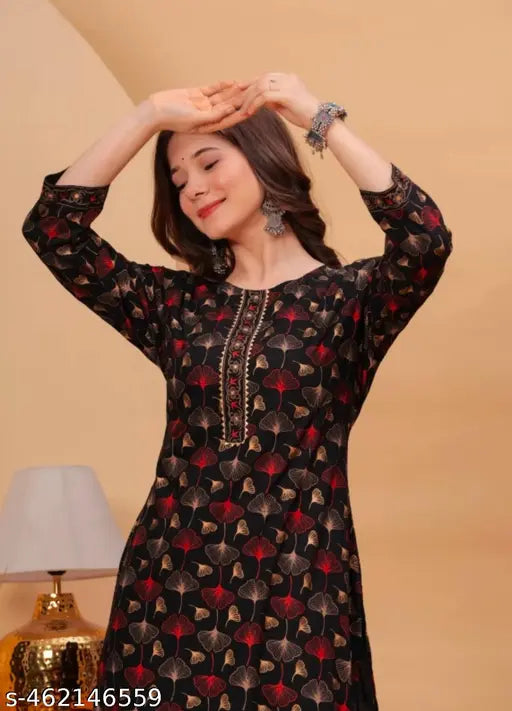 Girls Stylish Gold Black Printed Rayon Kurtis For Wedding Parties Office casual For Comfortable