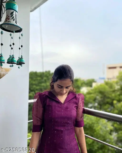 Wine Sequencce Collar Kurti – Organza Elegance in Every Thread