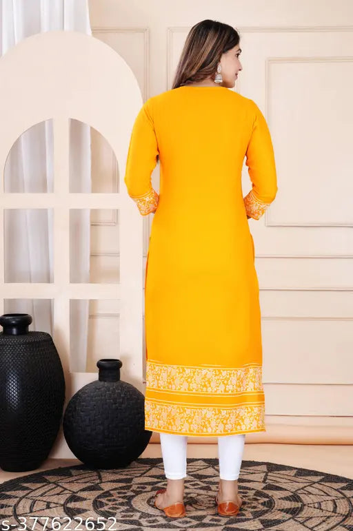 Women Rayon Ethnic Wear for Casual and Festive Occasions Gold Printed Straight Fit Kurti(Black) |Ethnic Kurti for Women|Kurtis & Kurtas |Simple & Party Wear Kurti|