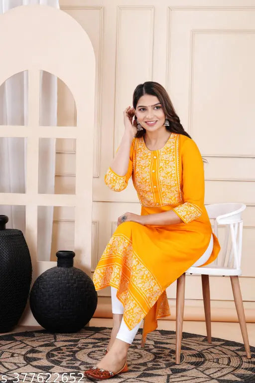 Women Rayon Ethnic Wear for Casual and Festive Occasions Gold Printed Straight Fit Kurti(Black) |Ethnic Kurti for Women|Kurtis & Kurtas |Simple & Party Wear Kurti|