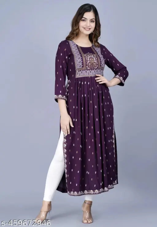 Women Rayon Printed Naira Cut Kurti