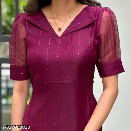 Wine Sequencce Collar Kurti – Organza Elegance in Every Thread