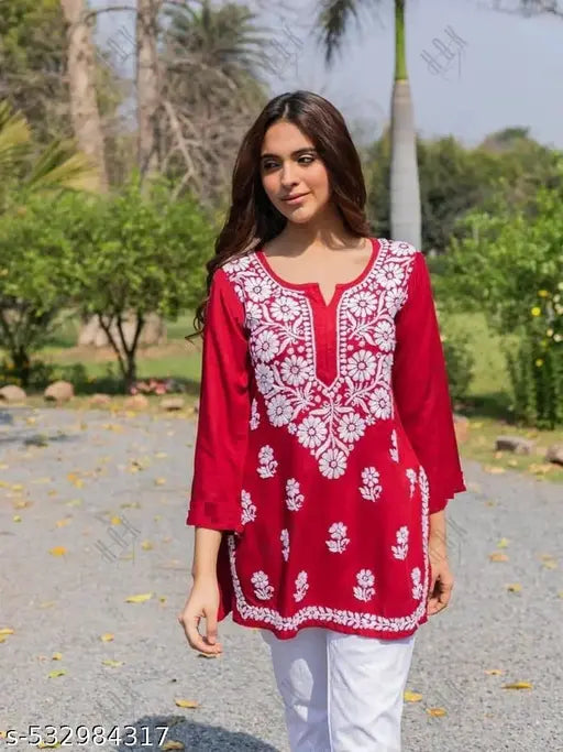 Cotton Straight Top Tunic Lucknowi Hand Embroidered Black Chikankari Short Kurti for Women