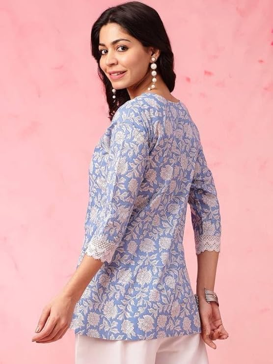 KASOOTI Women's Trendy Floral Print Topper Kurti | Short Kurti with 3/4 Sleeves – Stylish & Comfortable|| Kurta for Women