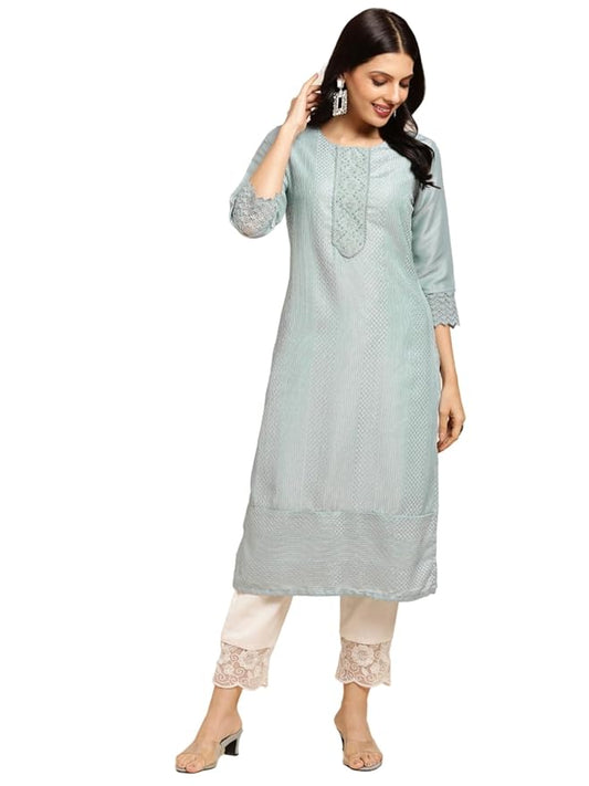 Women's Art Silk Straight Lucknowi Chikankari Ethnic Wear Festive Kurta