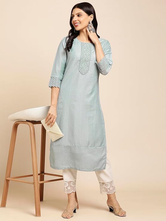 Women's Art Silk Straight Lucknowi Chikankari Ethnic Wear Festive Kurta