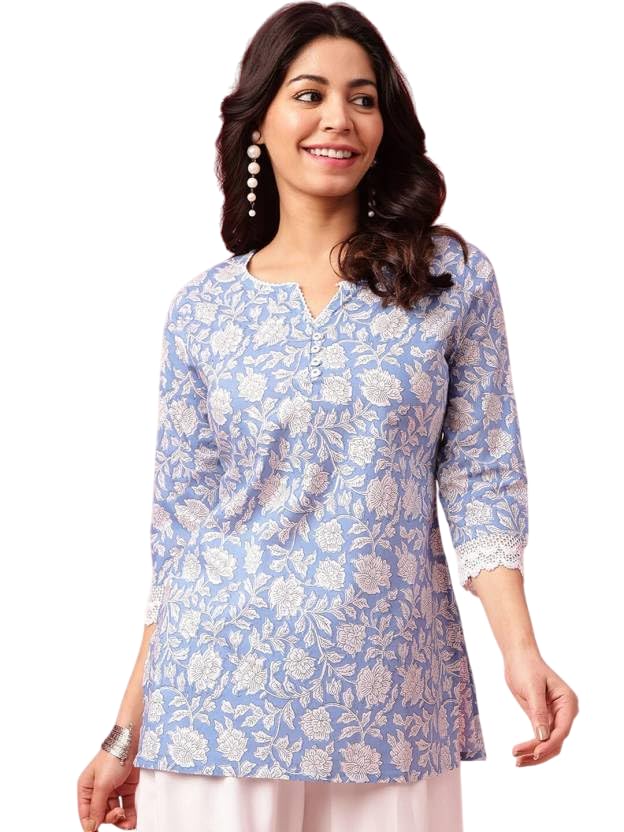 KASOOTI Women's Trendy Floral Print Topper Kurti | Short Kurti with 3/4 Sleeves – Stylish & Comfortable|| Kurta for Women