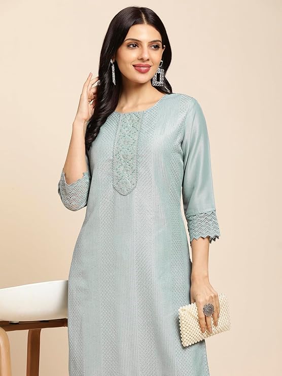 Women's Art Silk Straight Lucknowi Chikankari Ethnic Wear Festive Kurta