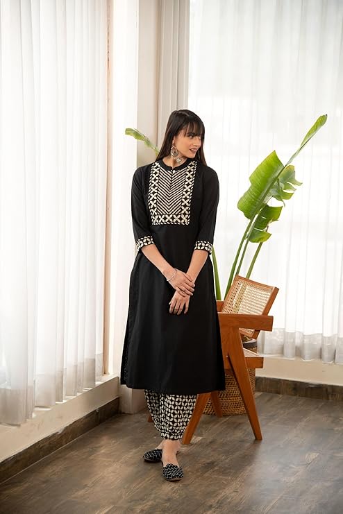 Women's 3/4 Sleeve Solid Black Color Kurti Pant Set, Cotton Blend, Knee Length, Stylish Ethnic Outfit, Office, and Casual Occasions