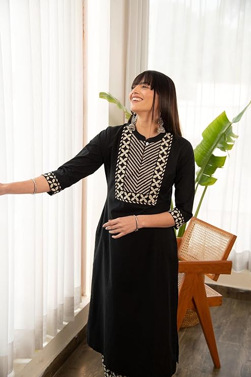 Women's 3/4 Sleeve Solid Black Color Kurti Pant Set, Cotton Blend, Knee Length, Stylish Ethnic Outfit, Office, and Casual Occasions