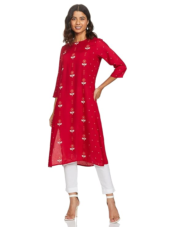 Women's Rayon Straight Fit Straight Printed Three-Quarter Sleeves Kurta