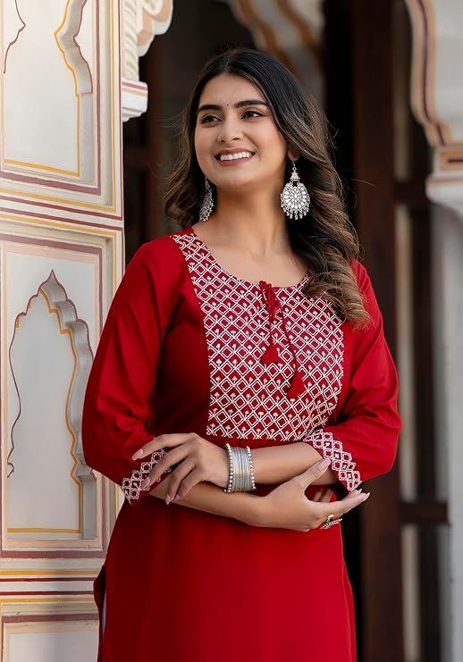 Women Ladies Rayon Embroidery Casual Straight Long Kurta Kurti