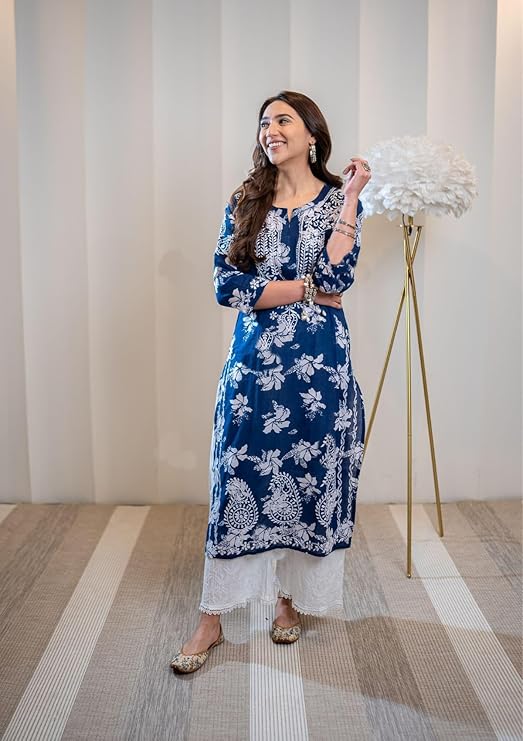 Women's Rayon Blend Chikankari Embroidered Straight Kurta
