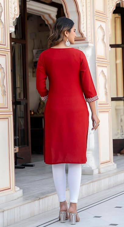 Women Ladies Rayon Embroidery Casual Straight Long Kurta Kurti