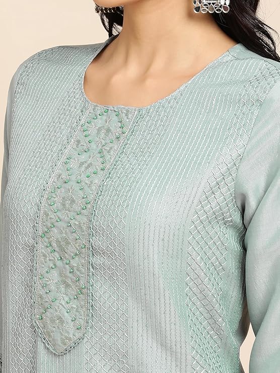 Women's Art Silk Straight Lucknowi Chikankari Ethnic Wear Festive Kurta