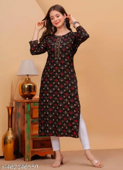 Girls Stylish Gold Black Printed Rayon Kurtis For Wedding Parties Office casual For Comfortable