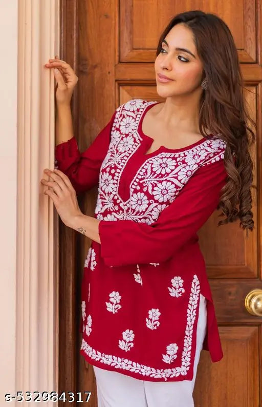 Cotton Straight Top Tunic Lucknowi Hand Embroidered Black Chikankari Short Kurti for Women