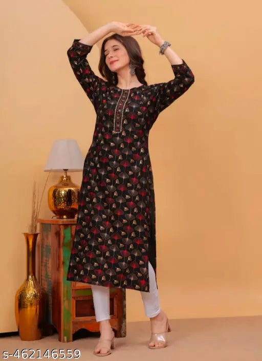 Girls Stylish Gold Black Printed Rayon Kurtis For Wedding Parties Office casual For Comfortable