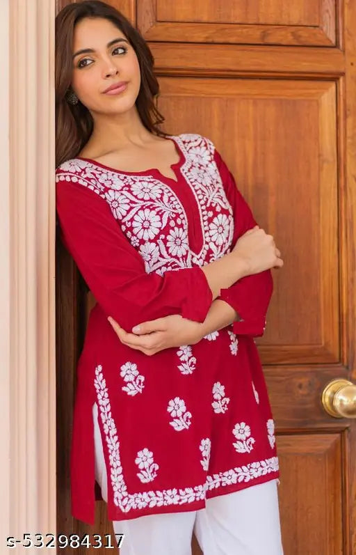 Cotton Straight Top Tunic Lucknowi Hand Embroidered Black Chikankari Short Kurti for Women