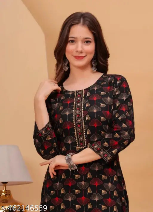 Girls Stylish Gold Black Printed Rayon Kurtis For Wedding Parties Office casual For Comfortable