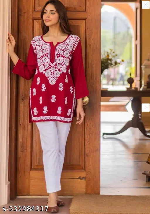 Cotton Straight Top Tunic Lucknowi Hand Embroidered Black Chikankari Short Kurti for Women