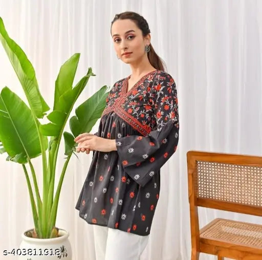 Designer Topper for Women's Rayon V-neck Beautiful Floral Printed