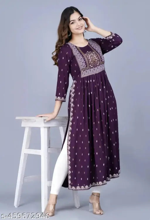 Women Rayon Printed Naira Cut Kurti